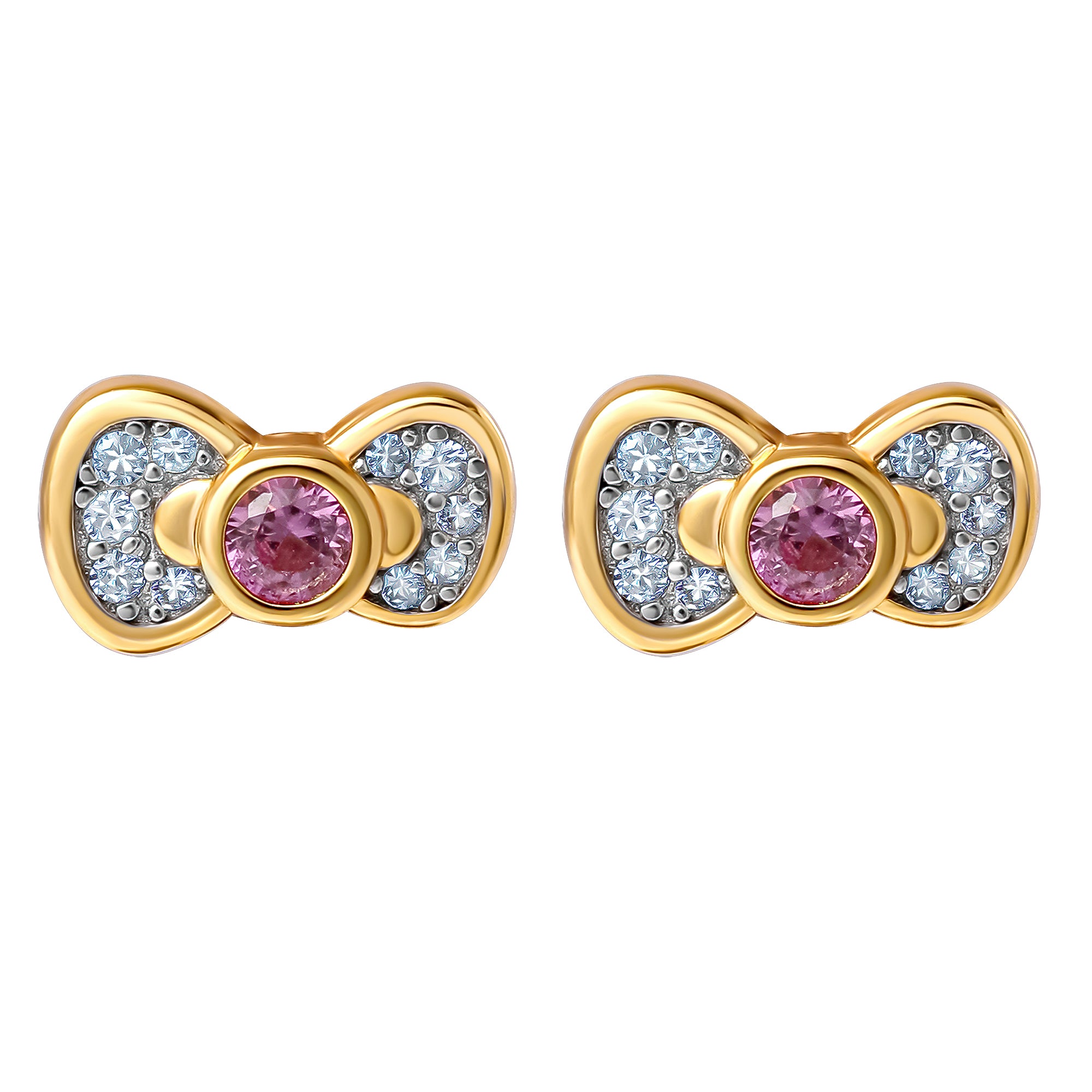 Hello Kitty Two-Tone Gold Plated Bow Stud Earrings (Pink & White Sapphire) Jewelry JACMEL JEWELRY INC