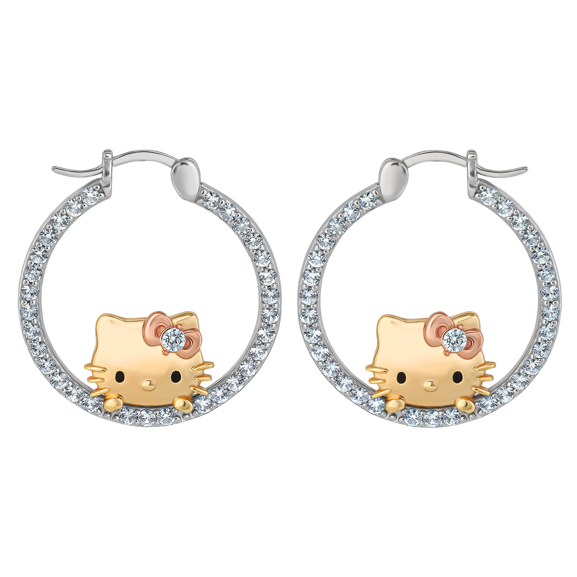 Hello Kitty Two-Tone Gold Plated Hoop Earrings (White Sapphire) Jewelry JACMEL JEWELRY INC