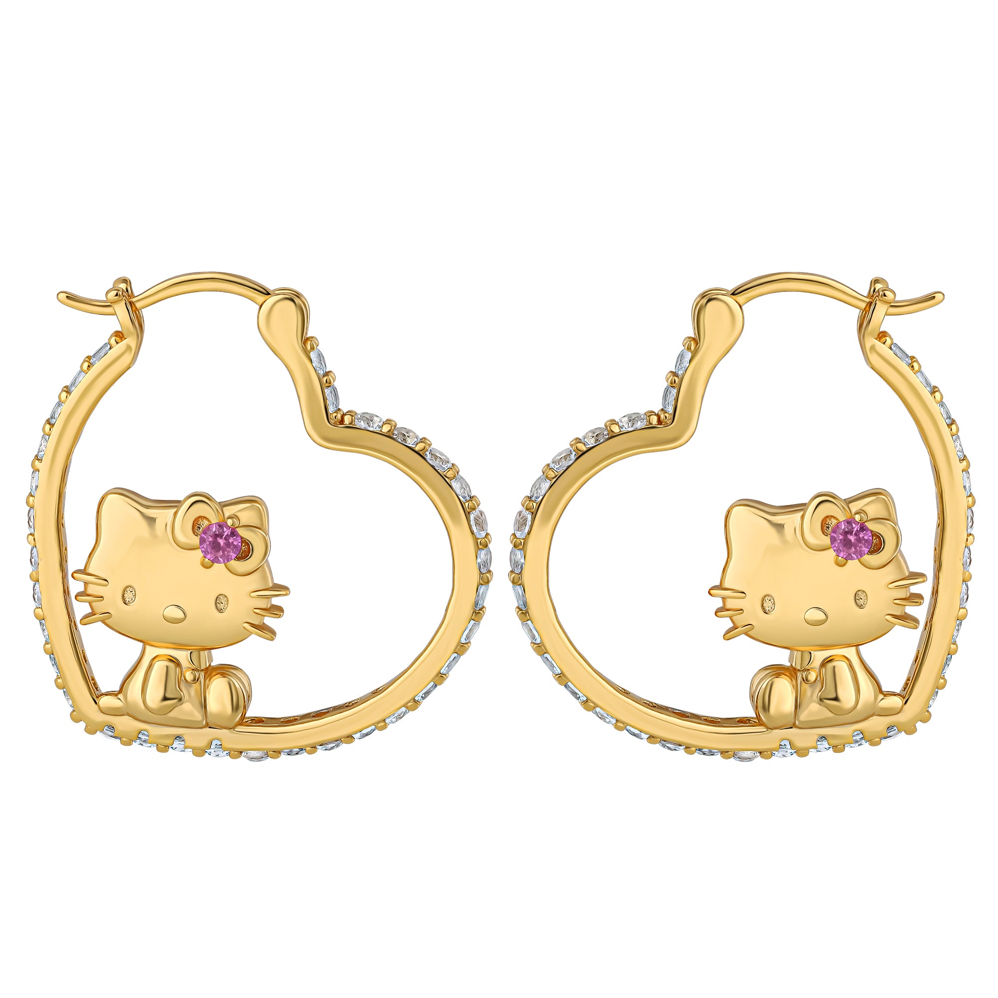 Hello Kitty Gold Plated Heart-Shaped Hoop Earrings (Pink & White Sapphire) Jewelry JACMEL JEWELRY INC