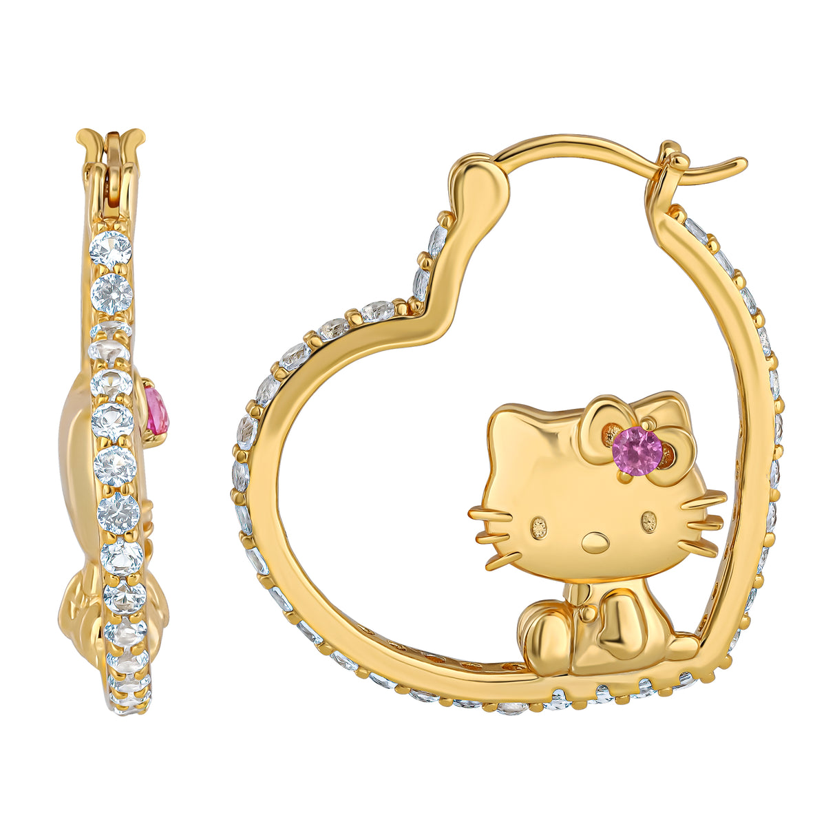 Hello Kitty Gold Plated Heart-Shaped Hoop Earrings (Pink & White Sapphire) Jewelry JACMEL JEWELRY INC