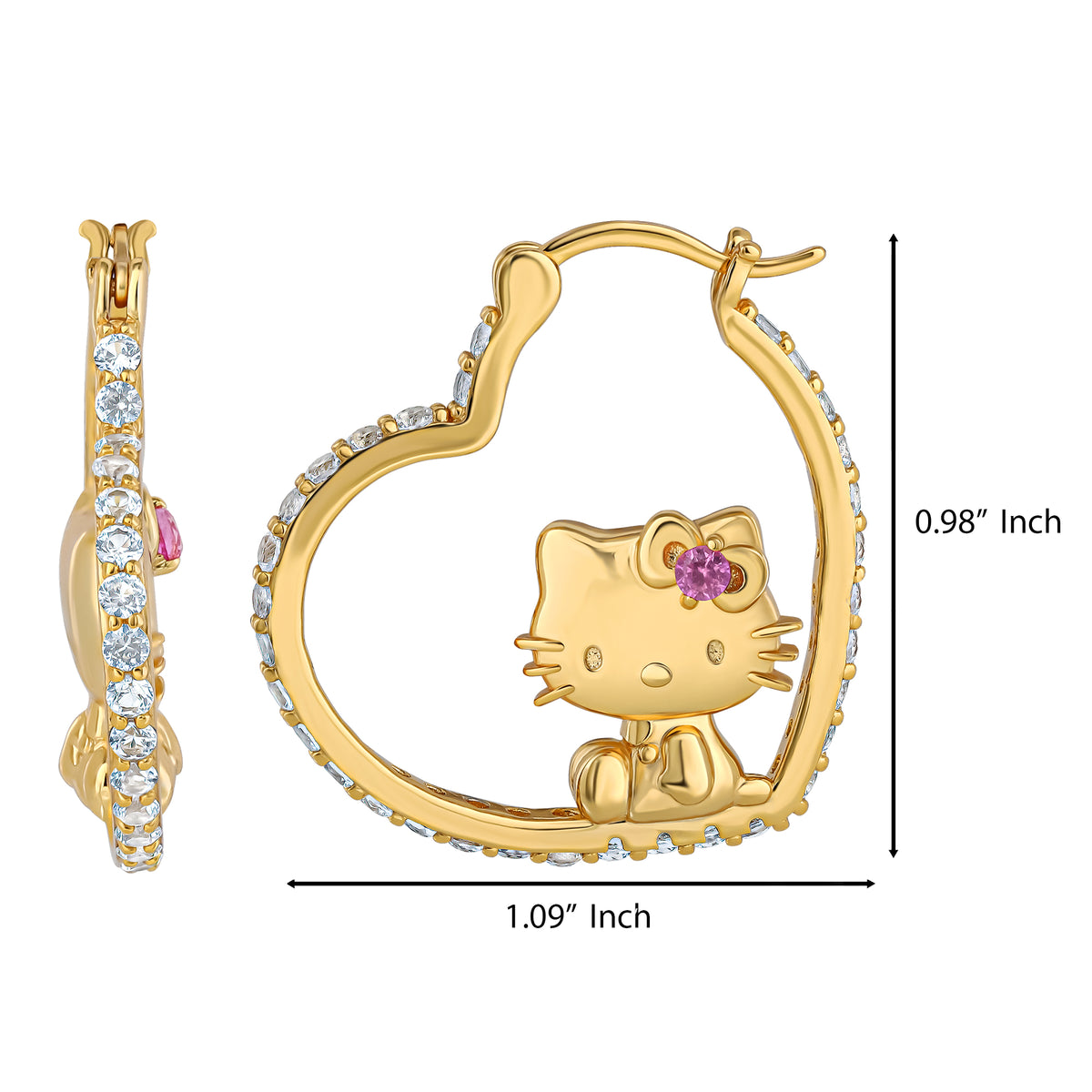 Hello Kitty Gold Plated Heart-Shaped Hoop Earrings (Pink & White Sapphire) Jewelry JACMEL JEWELRY INC