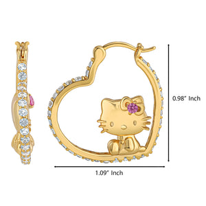 Hello Kitty Gold Plated Heart-Shaped Hoop Earrings (Pink & White Sapphire) Jewelry JACMEL JEWELRY INC