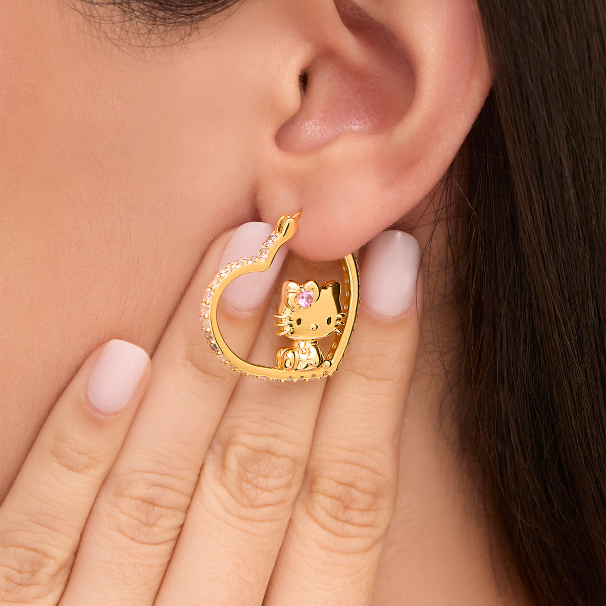 Hello Kitty Gold Plated Heart-Shaped Hoop Earrings (Pink & White Sapphire) Jewelry JACMEL JEWELRY INC