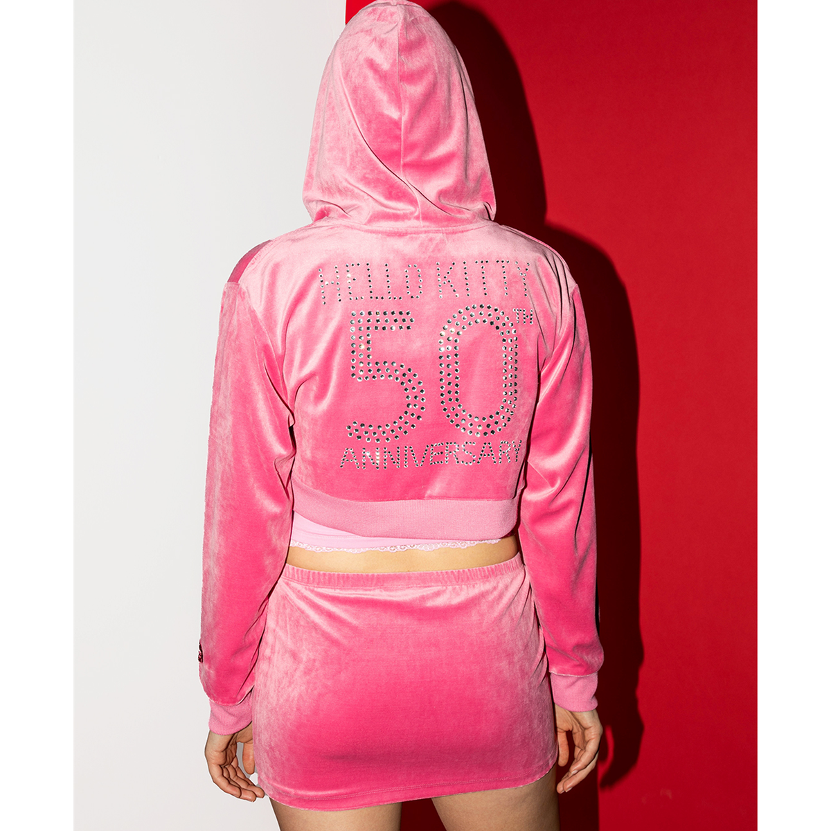Hello Kitty x Dumbgood Pink Velour Cropped Hoodie 50th Anniv