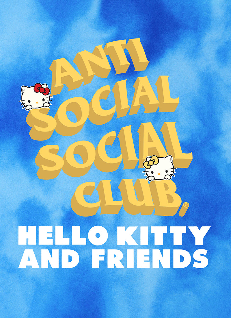 Collaborative design of 'Anti Social Social Club' and Hello Kitty on a blue tie-dye background