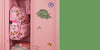 Pink locker with a pink backpack and various stickers on a green background
