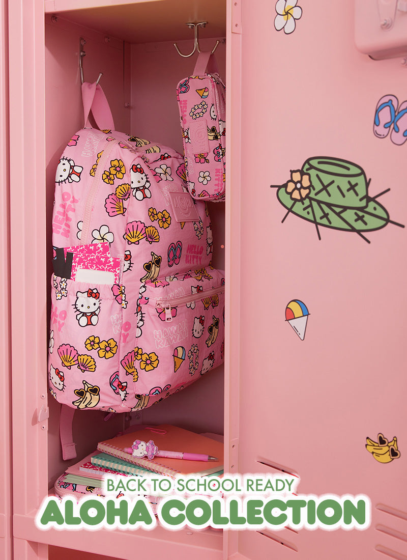 Pink locker with Hello Kitty backpack and accessories, labeled 'Back to School Ready Aloha Collection'.