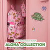Pink locker with a backpack and accessories, featuring the 'Aloha Collection' text.