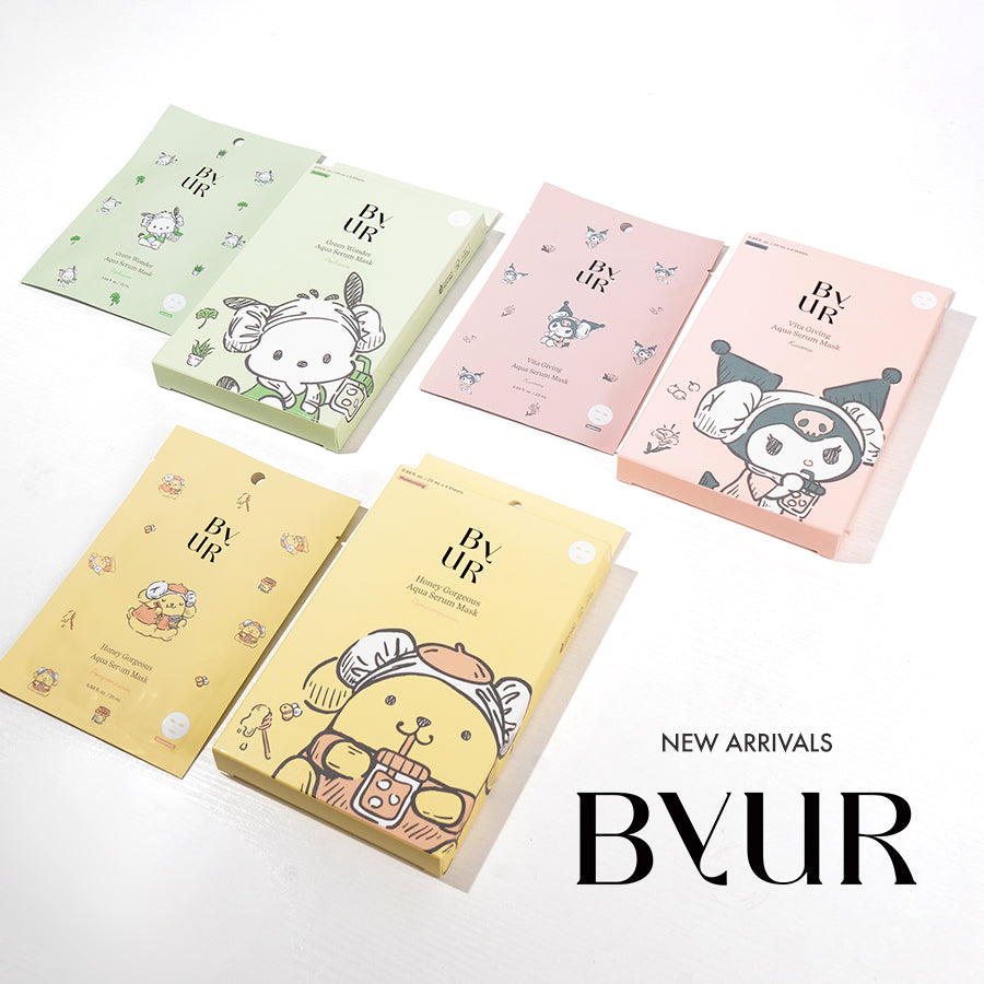 Five cartoon-themed face mask packages with 'BYUR' branding on a white background.
