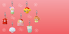 Set of colorful Sanrio Characters Bag Charms on a pink background with floral decorations.