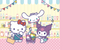 Sanrio characters in a store with promotional text on a polka dot background.