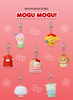 Set of colorful Sanrio Characters Bag Charms on a pink background with floral decorations.