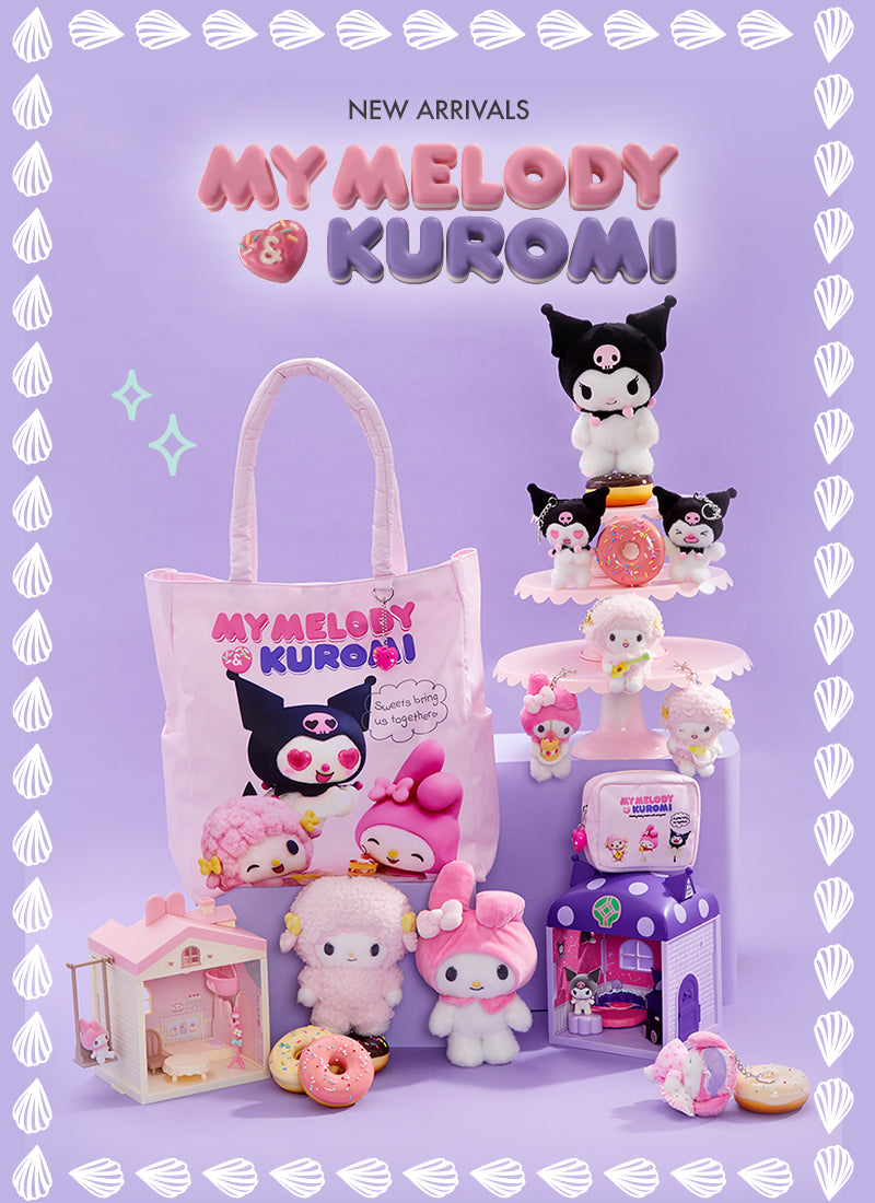 Collection of 'My Melody & Kuromi' toys and a tote bag on a purple background with 'New Arrivals' text.