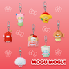 Set of colorful Sanrio Characters Bag Charms on a pink background with floral decorations.