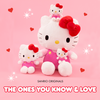 Hello Kitty plush toy family on a pink background with hearts and stars, featuring Sanrio Originals branding.