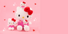 Plush toy of Hello Kitty and her family on a pink background with hearts and stars.
