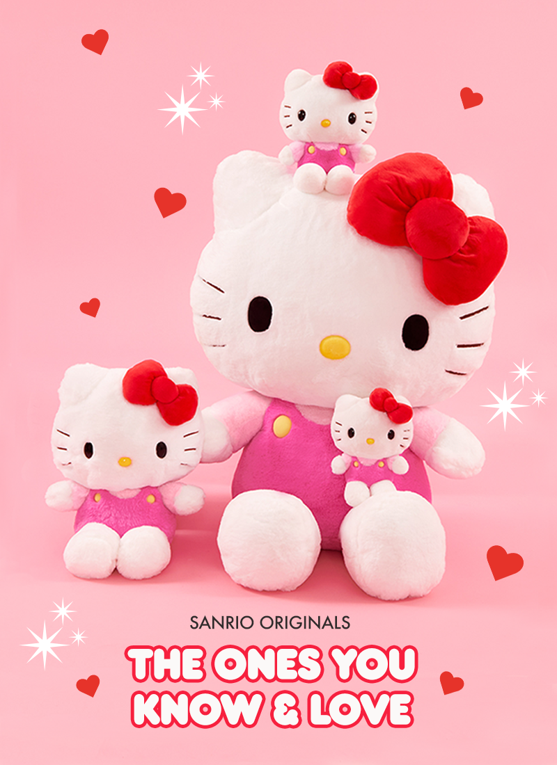 Hello Kitty plush toy family on a pink background with hearts and stars.