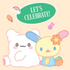 Cute artwork under a green speech bubble that says “LET’S CELEBRATE!” on a pale beige polka-dot background. Small decorative icons including a rainbow, ice cream cone, and music note appear around them.
