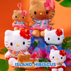 A group of Hello Kitty plush toys and accessories styled together on a bright orange background with tropical flowers and leaves. The collection includes Hello Kitty figures in colorful floral dresses, plush keychains, and a small plush bag, with the text 'NEW ARRIVALS ISLAND HIBISCUS' at the bottom.