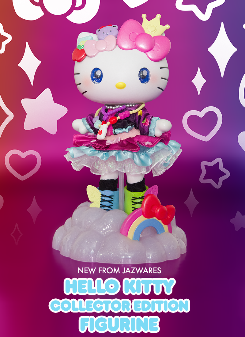 Hello Kitty collector edition figurine on a purple background with decorative elements