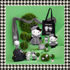 Collection of Hello Kitty-themed products including a black tote bag, plush toys, and decorative items on a green background.