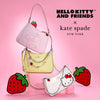 Collaboration between Hello Kitty and Friends and Kate Spade New York on handbags with strawberry designs on a pink background.