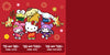Red promotional card with Sanrio characters and discount codes on a red background.