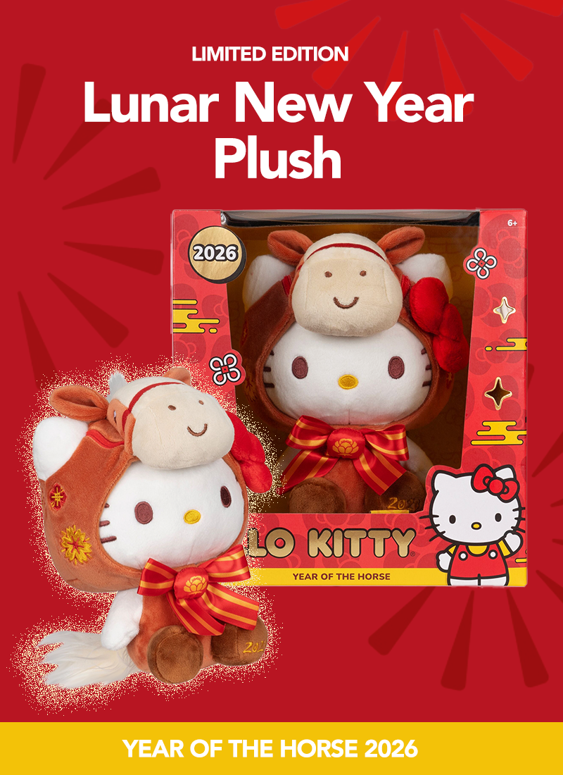 Hello Kitty plush toy and packaging on a red background with 'Year of the Horse 2026 text.