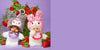 Two plush character keychains styled with strawberries on a purple background. 