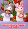 Two plush character keychains styled with strawberries on a purple background. 