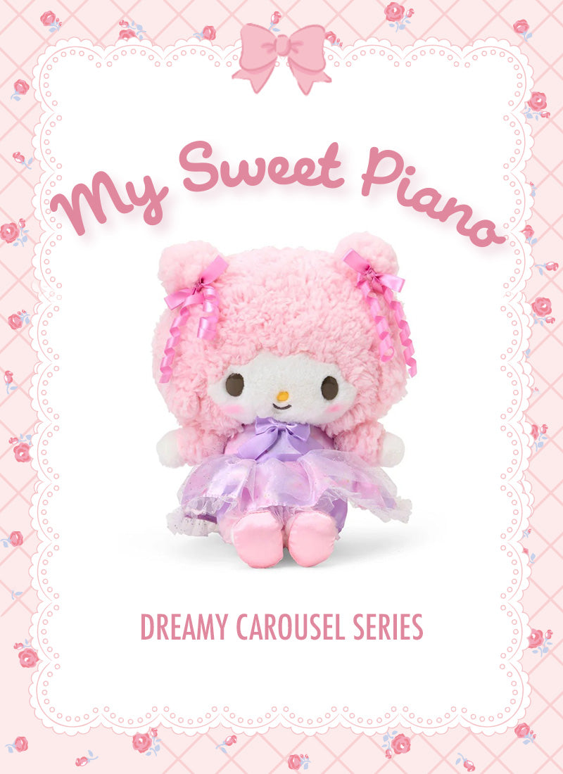 Set of My Sweet Piano pink plush with ribbons on a matching pink background