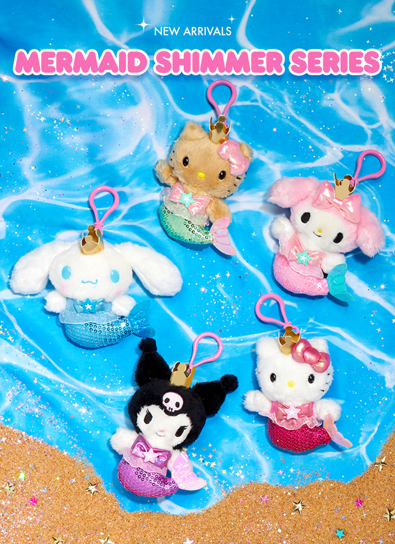 Hello Kitty and Friends Mermaid Shimmer Series Plush Mascots displayed on a blue water background.