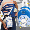 Pochacco-themed bags and pouches with a person holding them, featuring the Loungefly brand.