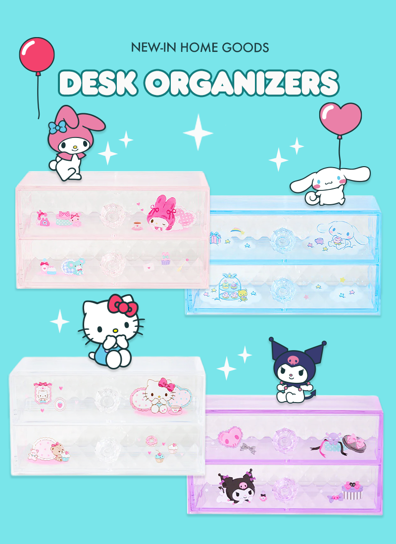 Desk organizers with Sanrio characters on a blue background.