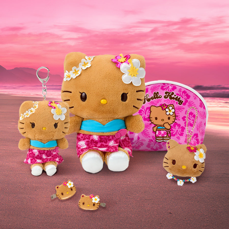 Hello Kitty plush toy set with accessories on a pink and purple gradient background.