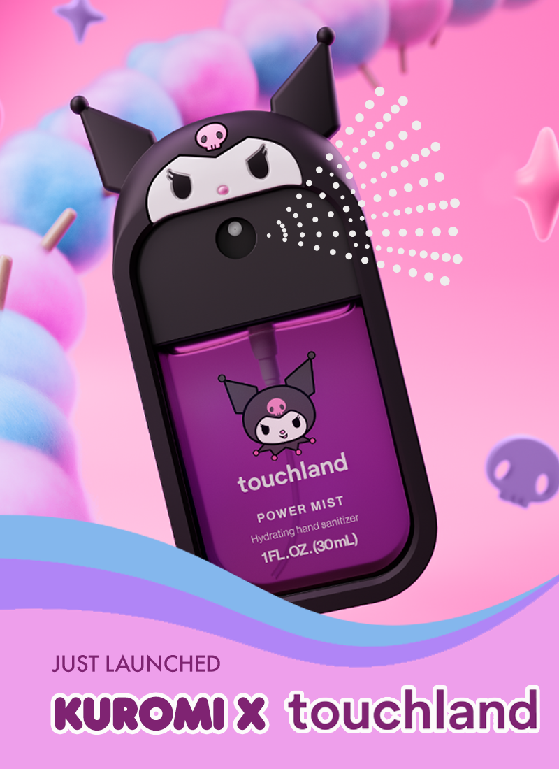 A Touchland Power Mist bottle with a Kuromi character design, set against a vibrant pink and purple background with abstract pastel shapes.