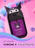 A Touchland Power Mist bottle with a Kuromi character design, set against a vibrant pink and purple background with abstract pastel shapes.