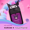 A Touchland Power Mist bottle with a Kuromi character design, set against a vibrant pink and purple background with abstract pastel shapes.