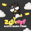 Promotional graphic for Badtz-Maru items with cartoon character, clouds, and colorful text on a dark background.
