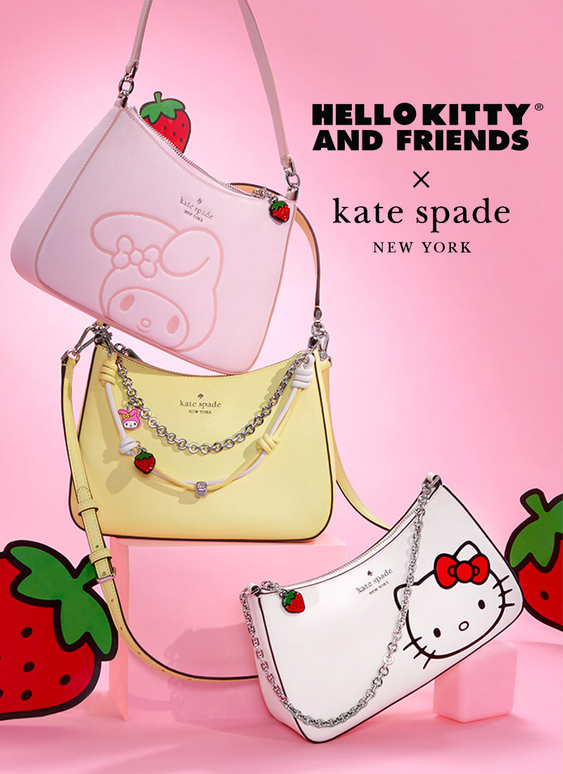 Collaboration between Hello Kitty and Friends and Kate Spade New York on handbags with strawberry designs on a pink background.