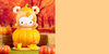 A Hello Kitty character figurine dressed in a pumpkin costume, sitting on a large orange pumpkin. The scene is styled with autumn elements including pumpkins, hay bales, and a warm orange background, with a large solid peach-colored graphic block on the right side.