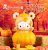 Tokidoki x Hello Kitty and Friends autumn-themed collectible figure featuring Hello Kitty in a pumpkin costume sitting on a large pumpkin, with fall foliage and pumpkins in the background. Text at the top reads 'GET AUTUMN READY' and 'tokidoki x HELLO KITTY AND FRIENDS'.
