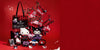 Collection of Hello Kitty and Friends Rock n' Check merchandise on a red background.