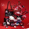 Collection of Hello Kitty and Friends Rock n' Check merchandise on a red background.