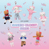 Sanrio character keychains in various outfits on a polka dot and gradient background with 'Sanrio Closet Series' text.