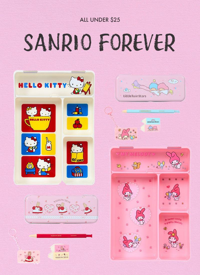 Sanrio-themed stationery items on a pink background