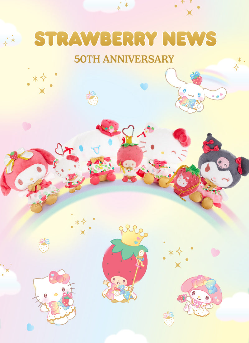 Strawberry-themed characters with 'Strawberry News 50th Anniversary' text on a colorful background.