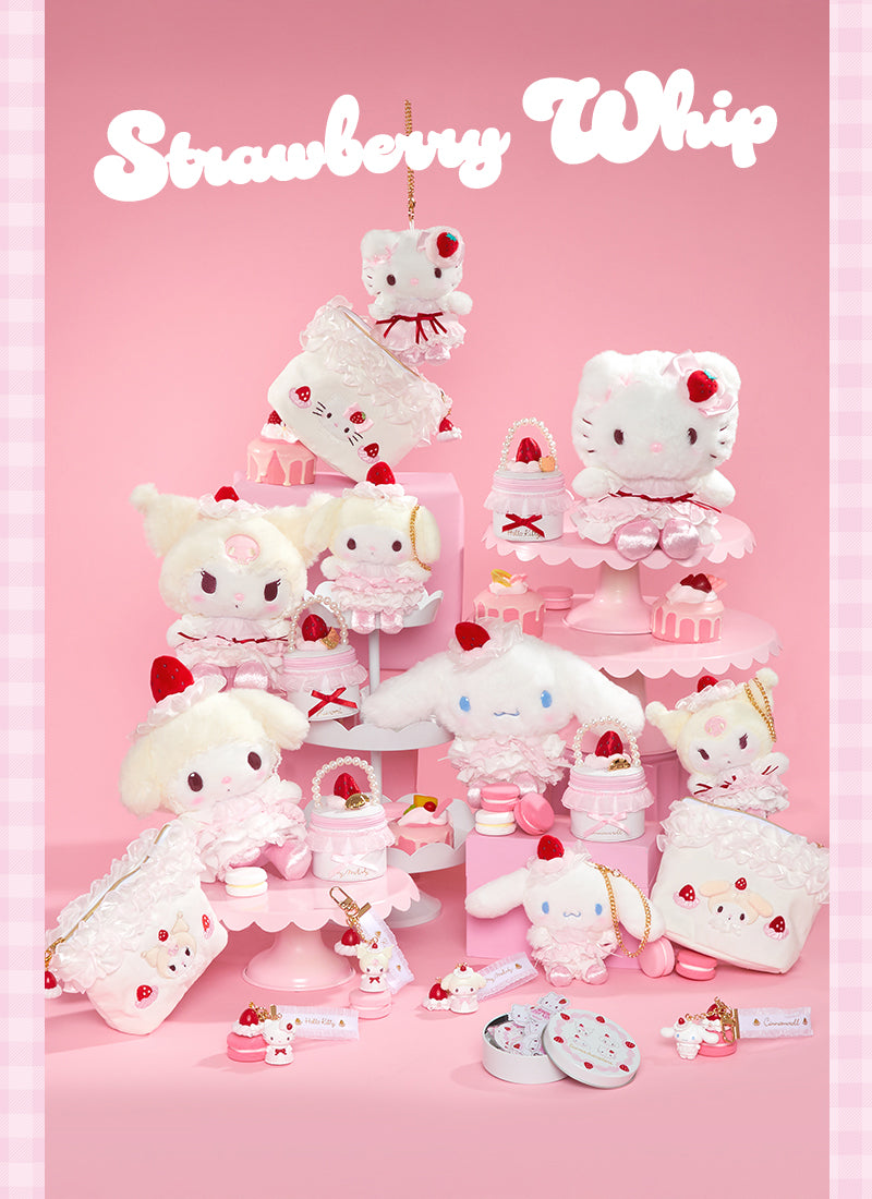 Collection of Strawberry Whip Hello Kitty and Friends plush toys on a pink background with 'Strawberry Whip' text.