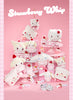 Collection of Strawberry Whip Hello Kitty and Friends plush toys on a pink background with 'Strawberry Whip' text.