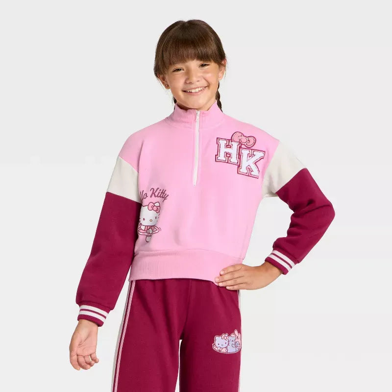 Hello Kitty Girls Quarter-Zip Fleece Varsity Sweatshirt Apparel Mad Engine Global LLC